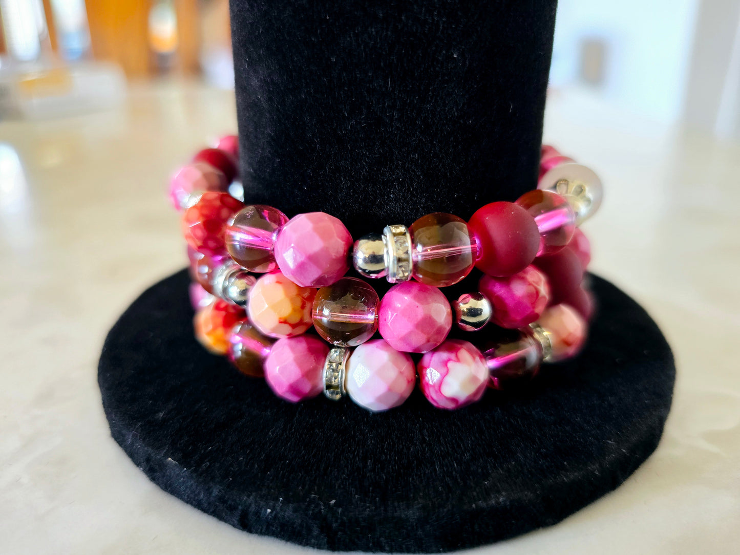 Beaded Memory Wire Bracelet Matte Red Hot Pink Glass Beads Fashion Accessory Gift For Her