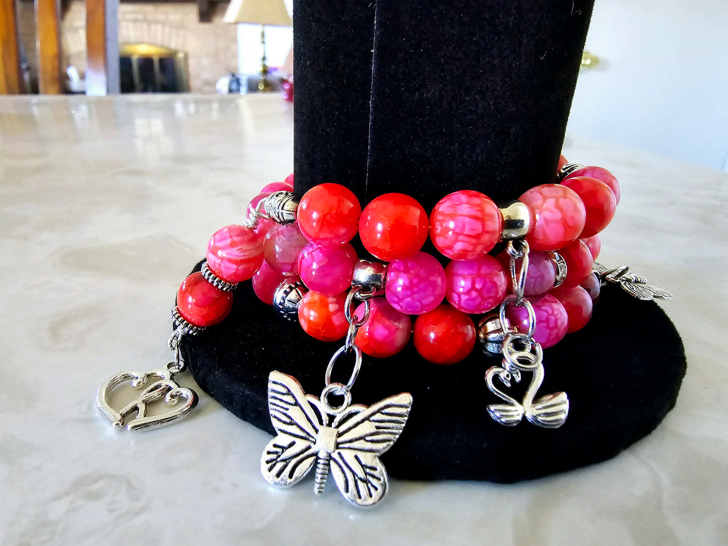 Beaded Memory Wire Bracelet Pink Glass Beads with Silver Hearts and Butterfly Charms Fashion Statement Gift For Her