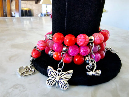 Beaded Memory Wire Bracelet Pink Glass Beads with Silver Hearts and Butterfly Charms Fashion Statement Gift For Her