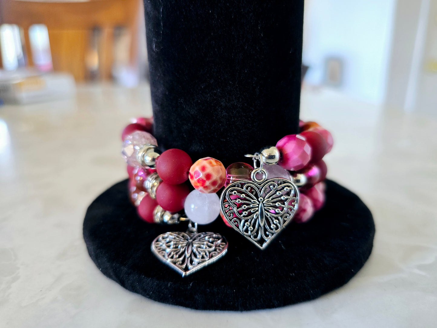 Beaded Memory Wire Bracelet Matte Red Hot Pink Glass Beads Fashion Accessory Gift For Her