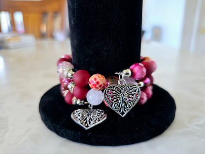 Beaded Memory Wire Bracelet Matte Red Hot Pink Glass Beads Fashion Accessory Gift For Her