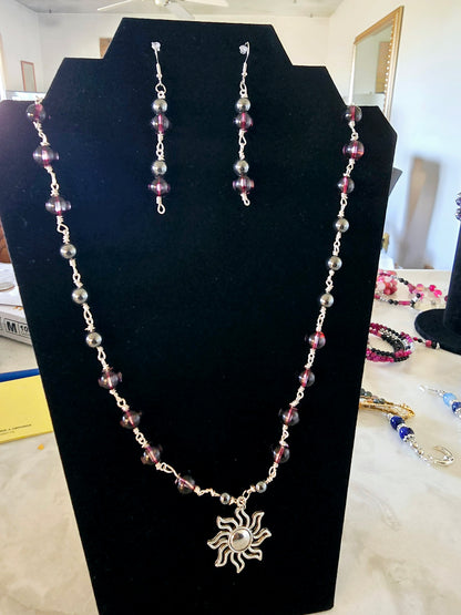 Beaded Earrings + Necklace Set Dark Purple Cat-Eye Silver Sun Charm Fashion Accessory Gift For Her