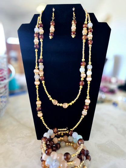 Beaded Jewelry Set Bracelet Earrings Necklace Brown Agate Light Brown Cat Eye Beads