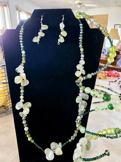 Beaded Jewelry Set Bracelet + Earrings + Necklace Moss Agate Beads Fashion Statement Gift or Her