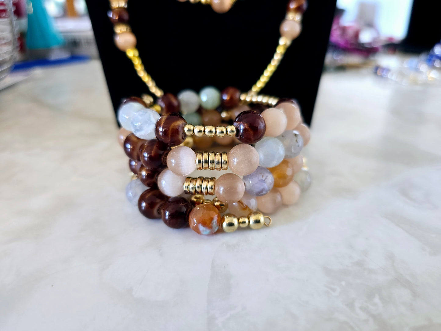 Beaded Jewelry Set Bracelet Earrings Necklace Brown Agate Light Brown Cat Eye Beads