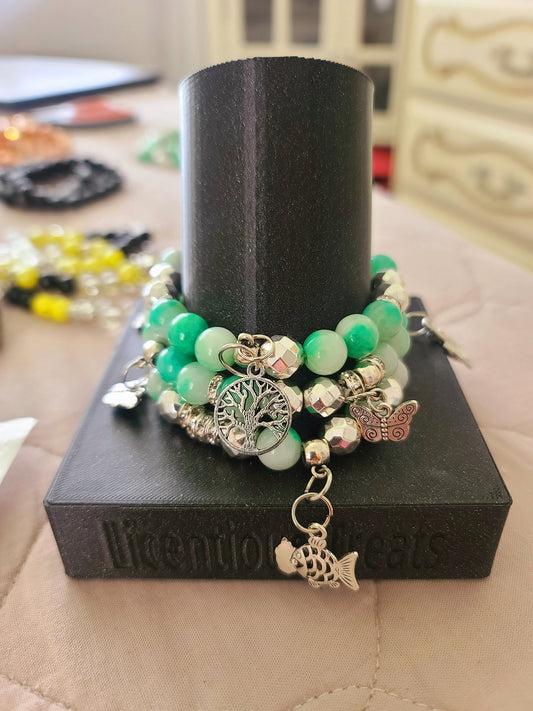 Beaded Bracelet Set Mint Green Jade Hematite Gemstone Handcrafted Fashion Accessory One Of A Kind