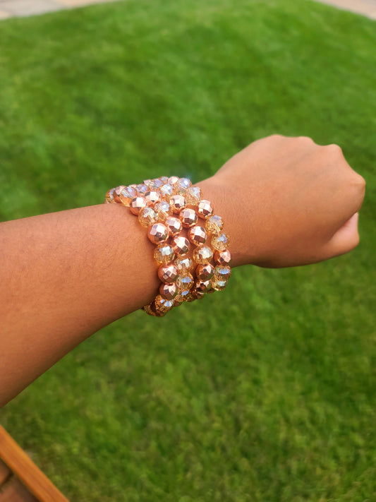 Beaded Bracelet Set Rose Gold Faceted Champagne Plated Glass Sparkling Handcrafted Statement Piece Fashion Accessory One Of A Kind