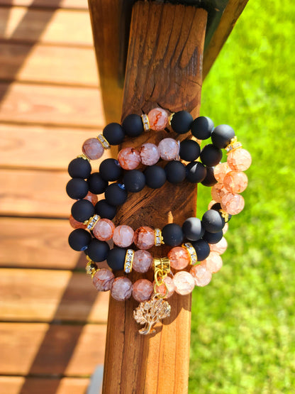 Beaded Bracelet Set Black Matte and Salmon Crackle Glass Beads Gold Tree Charm Fashion Accessory One-Of-A-Kind For Her Gift