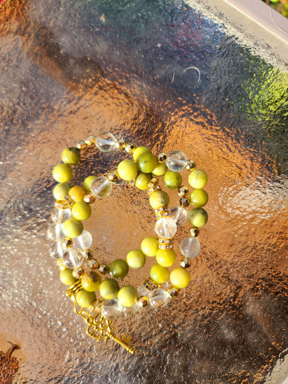 Beaded Bracelet Set Green Jade and Clear Quartz Fashion Accessory Statement Piece with Gold Key Charm