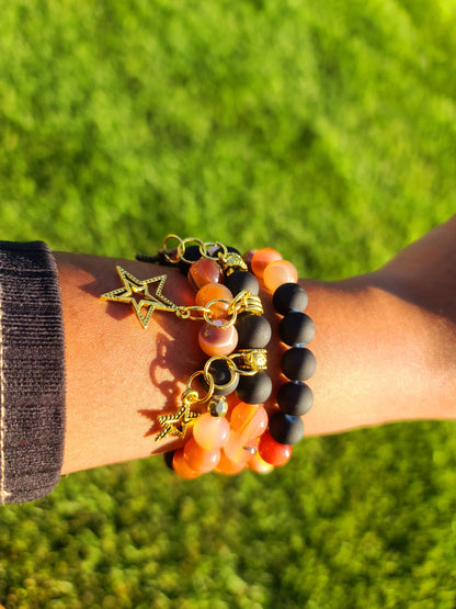 Beaded Bracelet Set Orange Banded Round Agate, Matte Black Beads with Gold Star Charms Gift For Her
