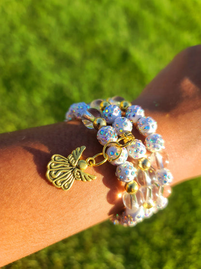 Beaded Bracelet Set White Iridescent Clear Quartz with Gold Angel Charm