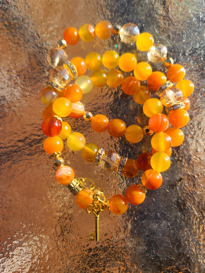 Beaded Bracelet Set Orange Banded Round Agate Gold Key Charm Fashion Accessory Gift For Her