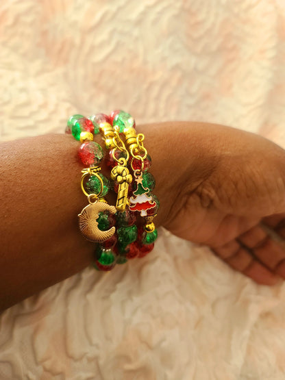Beaded Bracelet Set Christmas Green and Red Round Glass Beads Gold Christmas Charms Gift For Her