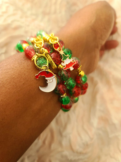 Beaded Bracelet Set Christmas Green and Red Round Glass Beads Gold Christmas Charms Gift For Her