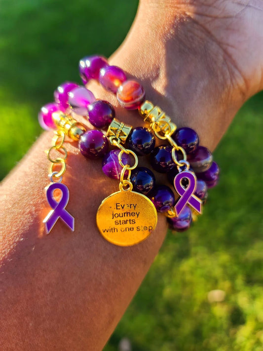 Beaded Bracelet Set Purple Banded Round Agate Beads with Gold Domestic Violence Awareness Motivational Charms