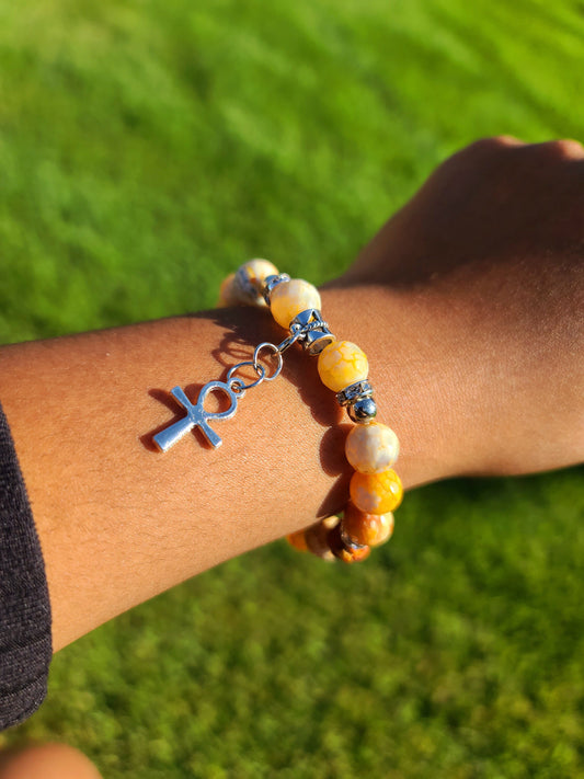 Beaded Bracelet Set Amber Round Banded Agate with Silver Ankh Gift For Her