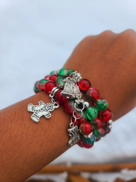 Beaded Bracelet Set Christmas Green and Red Round Glass Beads Silver Christmas Charms Gift For Her