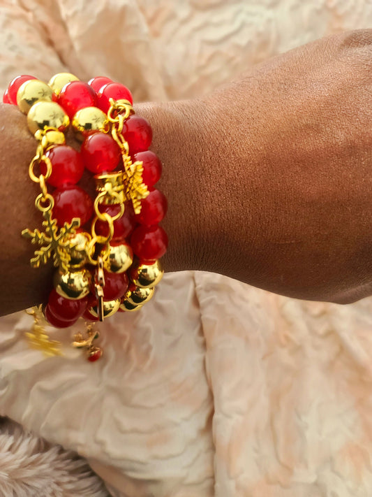 Beaded Bracelet Set Gold Hematite  with Glossy Red Glass Beads and Gold Snowflake and Christmas Charms Gift For her